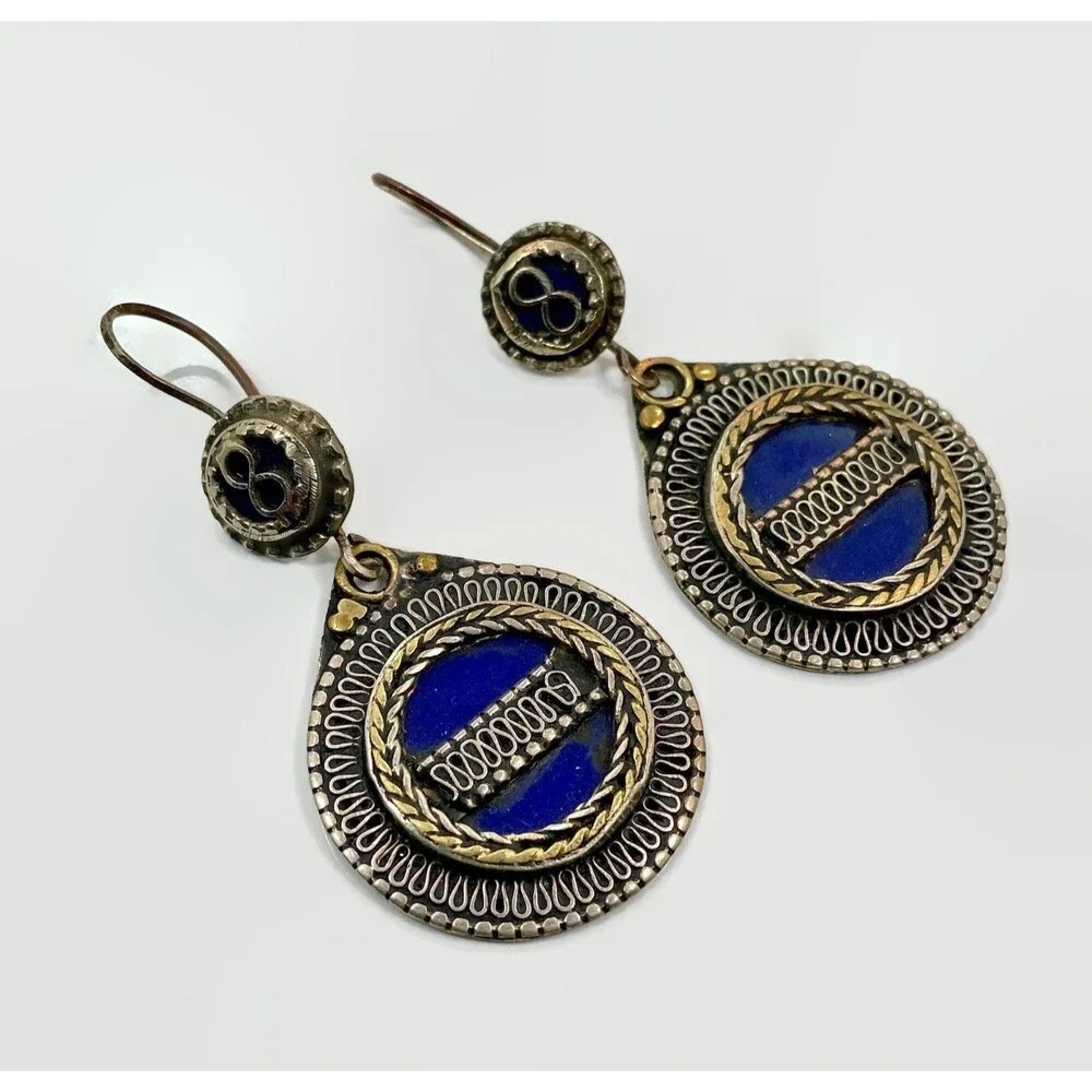Vintage Afghan Kuchi Earrings: Enameled Cobalt Blue Boho Jewelry